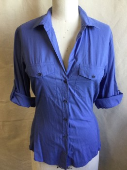 JAMES PERSE, Periwinkle Blue, Cotton, Solid, V-neck with Collar Attached, Button Front, 2 Pockets with Flap, Ribbed Knit Side & Under Arms, Folded Over 3/4 Sleeves  with Short Belt, Curved Hem