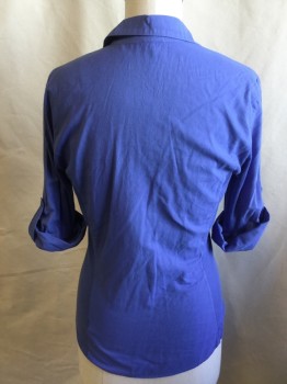 JAMES PERSE, Periwinkle Blue, Cotton, Solid, V-neck with Collar Attached, Button Front, 2 Pockets with Flap, Ribbed Knit Side & Under Arms, Folded Over 3/4 Sleeves  with Short Belt, Curved Hem