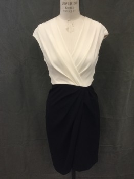 MAX MARA, White, Black, Acetate, Polyester, Color Blocking, White Surplice Pleated Top, Cap Sleeve, Solid Black Wrap Skirt, Gathered Off Center Front, Zip Back, Below Knee