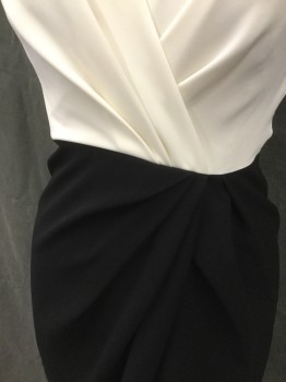 MAX MARA, White, Black, Acetate, Polyester, Color Blocking, White Surplice Pleated Top, Cap Sleeve, Solid Black Wrap Skirt, Gathered Off Center Front, Zip Back, Below Knee