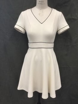 SHOSHANNA, Cream, Polyester, Solid, Crepe Texture, V-neck, Short Sleeves, Black Piping Detail, 1 3/4" Waistband with Black Piping, Zip Back, Knee Length