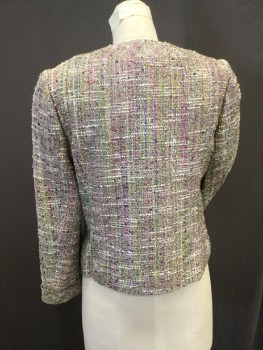 Womens, Blazer, J. CREW, Multi-color, Cotton, Silk, Tweed, 6, Multi Pastel Colored Tweed of White, Lime, Pink and Pale Blue.5 Gold Button Closure Center Front, 2 Patch Pockets, 2 Faux Welt Pockets, Crew Neck,short Length Jacket