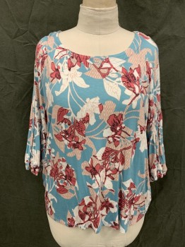 WORTHINGTON, Lt Blue, Mauve Pink, White, Rose Pink, Rayon, Spandex, Floral, Jersey Knit, Scoop Neck, Gathered Billowy Short Sleeves