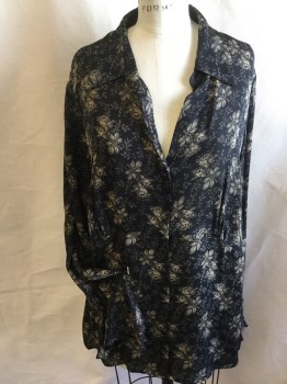 LANE BRYANT, Black, Tan Brown, Silk, Floral, Abstract , V-neck with Collar Attached, Back,  Long Sleeves with Ruffle Cuff, Curved Hem