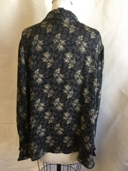 LANE BRYANT, Black, Tan Brown, Silk, Floral, Abstract , V-neck with Collar Attached, Back,  Long Sleeves with Ruffle Cuff, Curved Hem