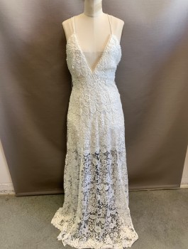 Womens, Evening Gown, TJD, White, Polyester, Rayon, Floral, S, Floral Eyelet Over Opaque Lining, Deep V-neck, Spaghetti Straps That Criss Cross in Back, Scallopped Lace Edging at Neckline, Ankle Length, See-Thru at Hem, Beach Casual Wedding