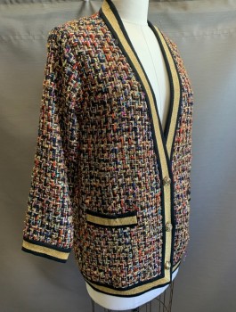 Womens, Casual Jacket, RONNY KOBO, Multi-color, Gold, Black, Polyester, Acrylic, Speckled, L, Cardigan/Jacket, Coarsely Woven, Deep V-neck, 3 Embossed Gold Buttons, Black and Gold Rib Knit Cuffs, Waistband and Front Opening, No Lining, **Barcode on Underside of Pocket