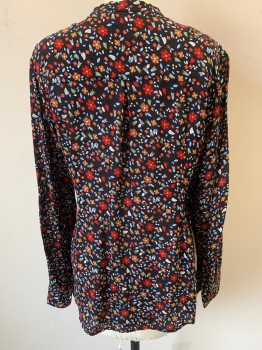 Womens, Blouse, ALC, Black, Red, Lt Blue, Sage Green, Yellow, Silk, Floral, 4, Button Front, Long Sleeves, Band Collar,  1 Pocket, Button Cuffs, Side Slits, Crepe