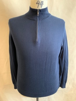 Mens, Pullover Sweater, BROOKS BROTHERS, Navy Blue, Cotton, L, Mock Neck, 1/4 Zip Front, Knit, Hole on Right Shoulder