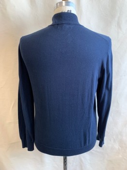 Mens, Pullover Sweater, BROOKS BROTHERS, Navy Blue, Cotton, L, Mock Neck, 1/4 Zip Front, Knit, Hole on Right Shoulder