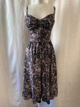 Womens, Cocktail Dress, STOP STARING!, Black, Ecru, Polyester, Floral, S, Lace Like Pattern Printed on Dress, Sweetheart Neckline, Spaghetti Straps, A-Line, Zip Back