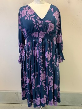 Womens, Dress, Eloquii, Navy Blue, Purple, Polyester, Floral, 28, L/S, V Neck, Scrunched Waist Band and Cuffs,