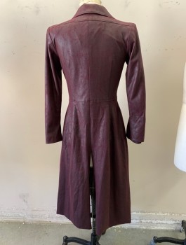 Womens, Coat, Bill Hargate, Red Burgundy, Polyester, Solid, W28, B38, Burgundy "Coated" Ultrasuede, Slim Long Coat Faux Slash Pockets, Waist Seaming, 7 Buttons , Finished Slit on Forearms of Sleeves with Leather Lacing ,20" Slits on Back and Sides