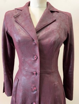 Bill Hargate, Red Burgundy, Polyester, Solid, Burgundy "Coated" Ultrasuede, Slim Long Coat Faux Slash Pockets, Waist Seaming, 7 Buttons , Finished Slit on Forearms of Sleeves with Leather Lacing ,20" Slits on Back and Sides