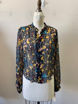 Womens, Blouse, EQUIPMENT, Navy Blue, Yellow, Pink, Teal Blue, White, Silk, Floral, S, Sheer, Collar Band, Button Front, Long Sleeves