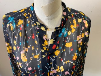 EQUIPMENT, Navy Blue, Yellow, Pink, Teal Blue, White, Silk, Floral, Sheer, Collar Band, Button Front, Long Sleeves