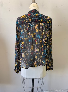 EQUIPMENT, Navy Blue, Yellow, Pink, Teal Blue, White, Silk, Floral, Sheer, Collar Band, Button Front, Long Sleeves