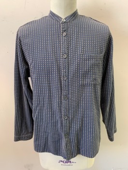 N/L, Slate Blue, Tan Brown, Cotton, Dots, Repeating X's Pattern, Gauze, L/S, Button Front, Band Collar, 1 Patch Pocket, Multiples