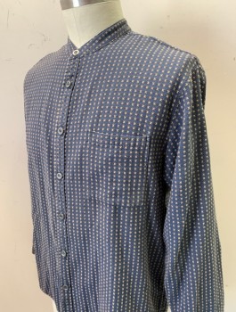N/L, Slate Blue, Tan Brown, Cotton, Dots, Repeating X's Pattern, Gauze, L/S, Button Front, Band Collar, 1 Patch Pocket, Multiples
