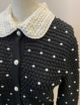 Womens, Sweater, ALICE & OLIVIA, Black, White, Wool, Color Blocking, XS, L/S, B.F., Peter Pan Collar, Chunky Knit, White Pearls, White Pearl Buttons
