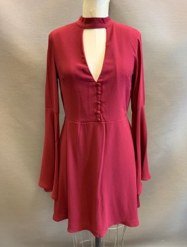 Womens, Dress, Long & 3/4 Sleeve, SOCIALITE, Red Burgundy, Polyester, Spandex, Solid, M, Crepe, Long Belled Sleeves, Stand Collar with Triangular Cutout at Neck, 5 Fabric Buttons at Front, Hem Above Knee,  A-Line