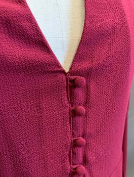 Womens, Dress, Long & 3/4 Sleeve, SOCIALITE, Red Burgundy, Polyester, Spandex, Solid, M, Crepe, Long Belled Sleeves, Stand Collar with Triangular Cutout at Neck, 5 Fabric Buttons at Front, Hem Above Knee,  A-Line