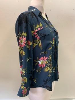 Womens, Blouse, ANN TAYLOR, Dk Blue, Lime Green, Pink, Black, Polyester, Floral, M, L/S, V Neck, Collar Attached, Chest Pocket, Pullover