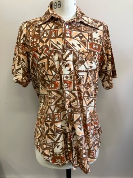 Mens, Shirt, N/L, 16, Brown/ Multi-color, Hawaiian Print, C.A., B.F., S/S, 2 Pockets