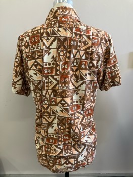 Mens, Shirt, N/L, 16, Brown/ Multi-color, Hawaiian Print, C.A., B.F., S/S, 2 Pockets