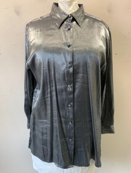 Womens, Blouse, KAREN SCOTT, Silver, Synthetic, Solid, B:48, Lamé, L/S, Button Front with Self Fabric Covered Buttons, Collar Attached