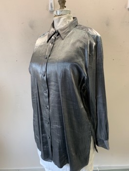 KAREN SCOTT, Silver, Synthetic, Solid, Lamé, L/S, Button Front with Self Fabric Covered Buttons, Collar Attached