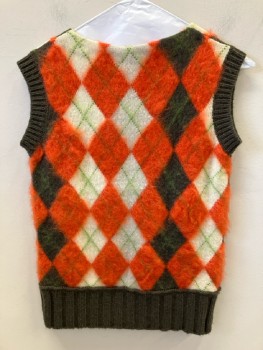 NEIMAN MARCUS, Brown, Cream, Orange, Mohair, Argyle, Pull On, V-N, Rib Knit At Arms And Waistband,