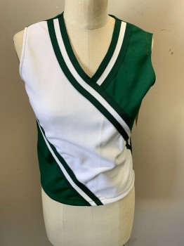 TEAM WORK, Green, White, Polyester, Color Blocking, V Neck, Pullover, Sleeveless, Green & White Stripe Trim