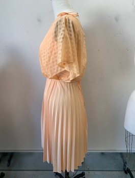 QUEEN'S ROW, Peach Orange, Polyester, Solid, Sheer Openwork Cape Over Sleeveless Top, V-N, Zip Back, Sunray Pleated Skirt, **Matching Tie Belt