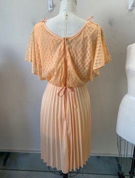 QUEEN'S ROW, Peach Orange, Polyester, Solid, Sheer Openwork Cape Over Sleeveless Top, V-N, Zip Back, Sunray Pleated Skirt, **Matching Tie Belt