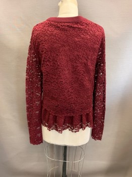 TORY BURCH, Red Burgundy, Wool, CN, L/S,  Lace Back & Sleeves