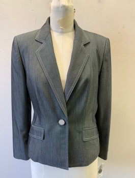 LE SUIT PETITE, Gray, Polyester, Viscose, 2 Color Weave, Single Breasted, Notched Lapel, White Top Stitching on Collar and 2 Pockets, 1 Button, Fitted, Padded Shoulders, Lining is White with Black Pin Stripes