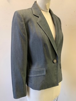 Womens, Suit, Jacket, LE SUIT PETITE, Gray, Polyester, Viscose, 2 Color Weave, Sz. 6P, Single Breasted, Notched Lapel, White Top Stitching on Collar and 2 Pockets, 1 Button, Fitted, Padded Shoulders, Lining is White with Black Pin Stripes