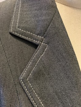 LE SUIT PETITE, Gray, Polyester, Viscose, 2 Color Weave, Single Breasted, Notched Lapel, White Top Stitching on Collar and 2 Pockets, 1 Button, Fitted, Padded Shoulders, Lining is White with Black Pin Stripes