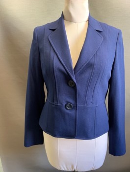Womens, Blazer, KASPER, Navy Blue, Polyester, Solid, 8P, Single Breasted, 2 Buttons,  Notched Lapel, Flat Feld Seams Down Front and Back, One at Waist