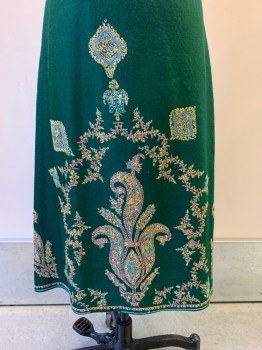 Womens, Dress, Sleeveless, TRACY FEITH, Emerald Green, Rose Pink, Off White, Gold, Turquoise Blue, Wool, Floral, Leaves/Vines , W26, B34, Round Neck With Keyhole And Single Button, Embroidered Detail on Chest and Bottom, Floral Patches on Sides, Back Zipper, Hem Mid-calf