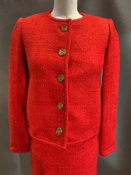 NL, Red, Gold Metallic, Wool, 2 Color Weave, Round Neck, Single Breasted, Button Front, Gold Buttons