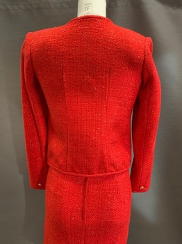 Womens, 1990s Vintage, Suit, Jacket, NL, Red, Gold Metallic, Wool, 2 Color Weave, B:32, Round Neck, Single Breasted, Button Front, Gold Buttons