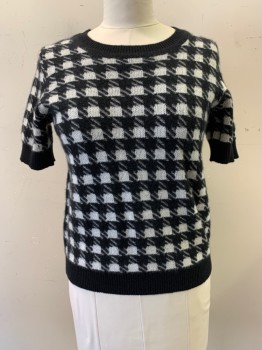 Womens, Top, Bloomingdales, Black, White, Cashmere, Check , XL, S/S, Round Neck, Ribbed Trim,