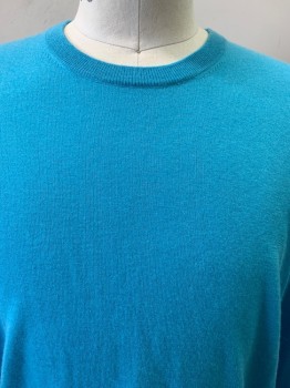 Mens, Pullover Sweater, Neiman Marcus, Turquoise Blue, Cashmere, Silk, Solid, L, L/S, Crew Neck,