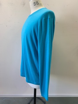 Mens, Pullover Sweater, Neiman Marcus, Turquoise Blue, Cashmere, Silk, Solid, L, L/S, Crew Neck,