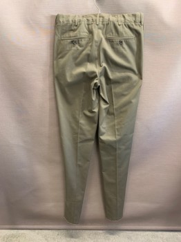 Mens, Casual Pants, LAND'S END, Olive Green, Cotton, OPEN, 32/, Side Pockets, Zip Front, Pleated Front, 2 Welt Pockets