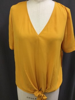 MADEWELL, Goldenrod Yellow, Polyester, Solid, Short Sleeves, V-neck, Pull Over, Self Tie Waist