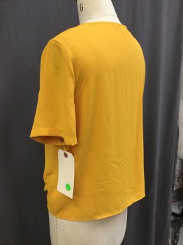 MADEWELL, Goldenrod Yellow, Polyester, Solid, Short Sleeves, V-neck, Pull Over, Self Tie Waist