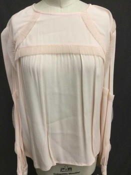 Womens, Top, Maje, Lt Pink, Silk, Solid, Large, Silk Crepe, Pullover, Ruffle Details, Keyhole Back At Neck